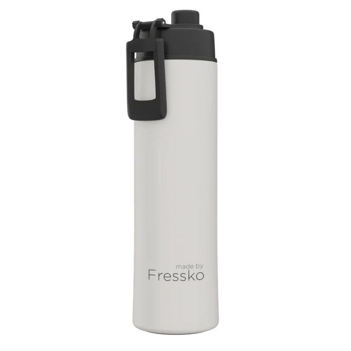 White water bottle with black cap on a white background, branded &