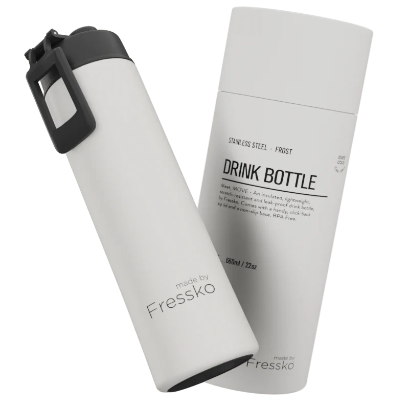 White stainless steel drink bottle with black lid and &