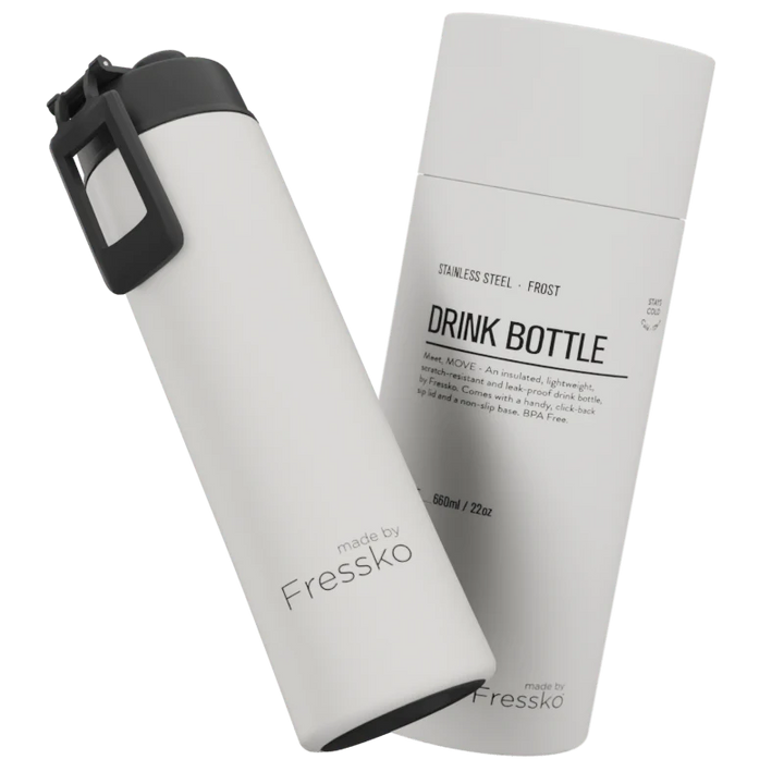 White stainless steel drink bottle with black lid and &