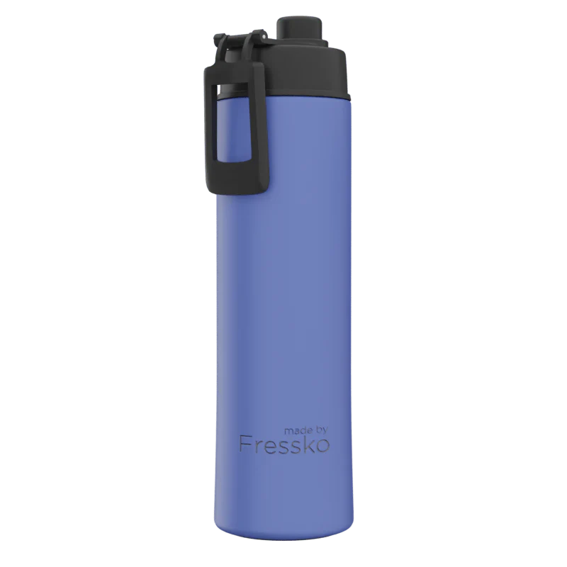 Blue water bottle with black cap on a white background, branded &