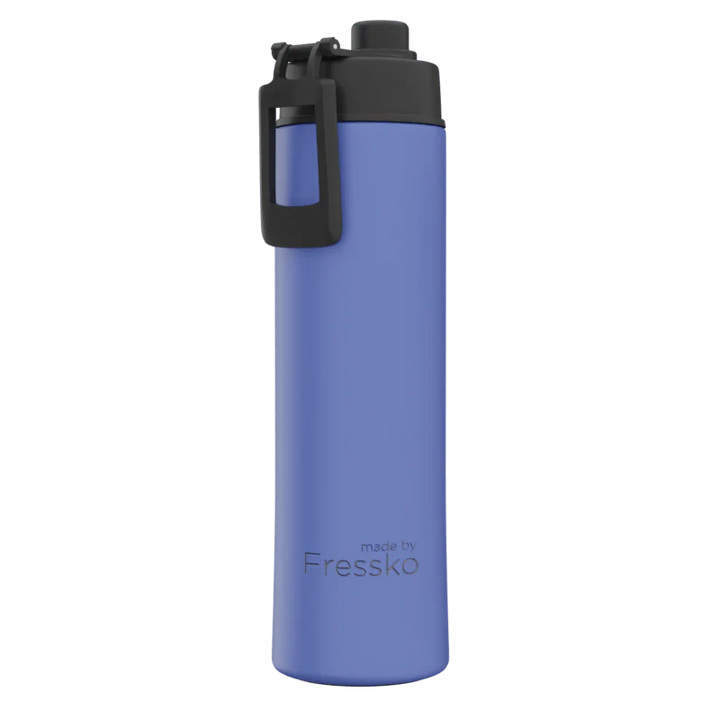 Blue water bottle with black cap on a white background, branded &
