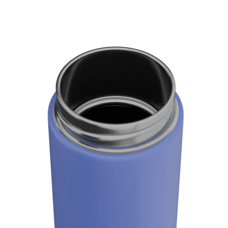 Blue drink bottle with stainless steel interior on a white background