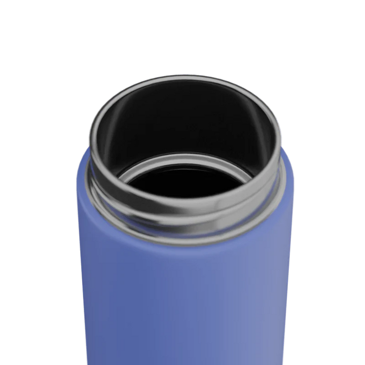 Blue drink bottle with stainless steel interior on a white background