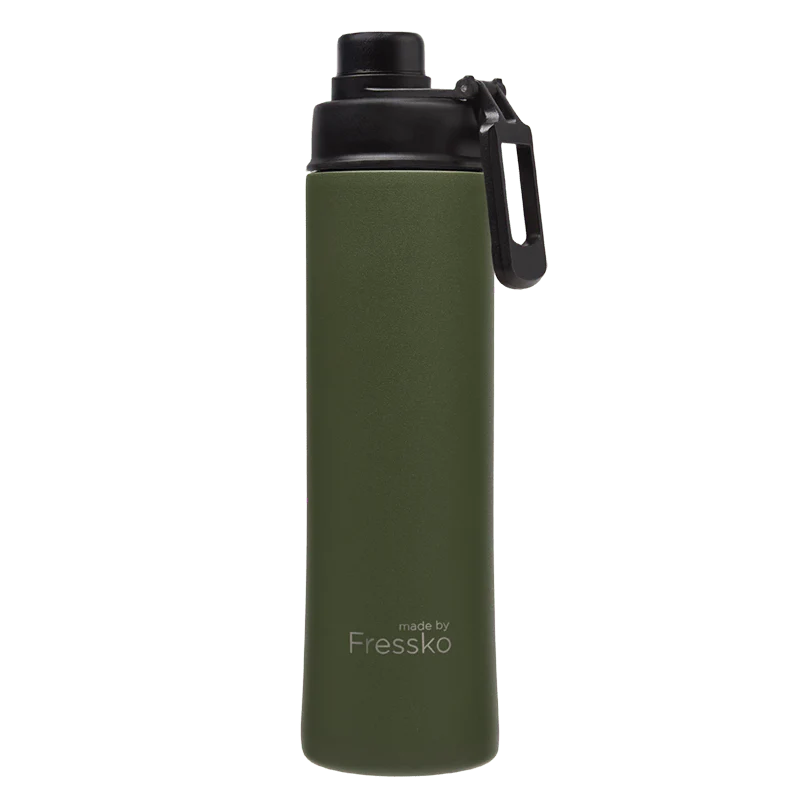 Green water bottle with black cap on a white background, branded 'made by Fressko'.