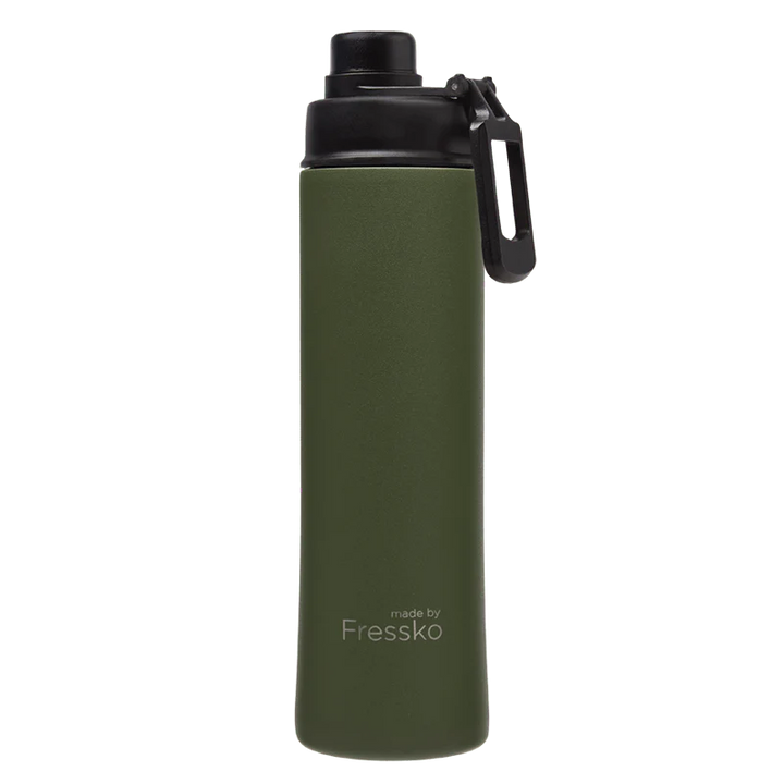 Green water bottle with black cap on a white background, branded 'made by Fressko'.