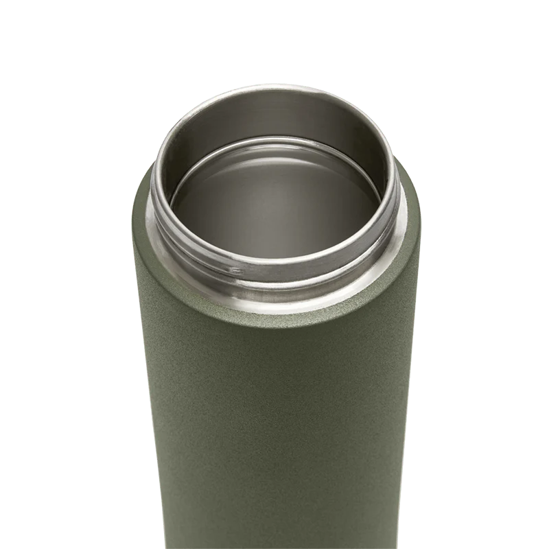 Green insulated bottle with silver interior on a white background