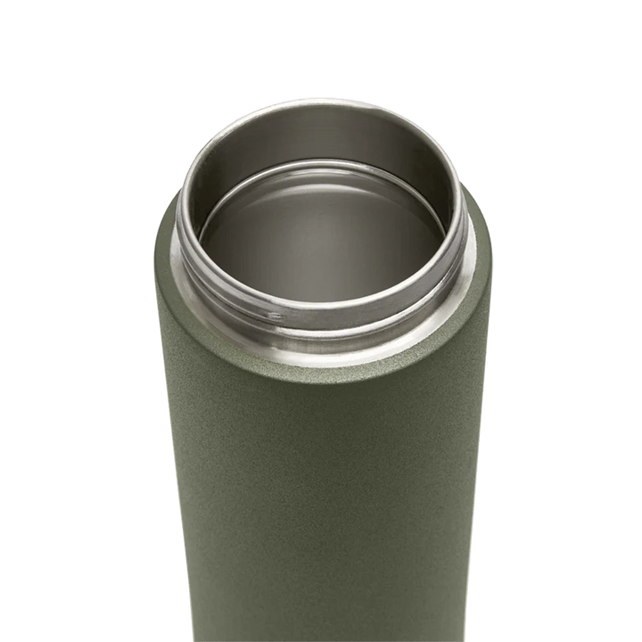 Green insulated bottle with silver interior on a white background
