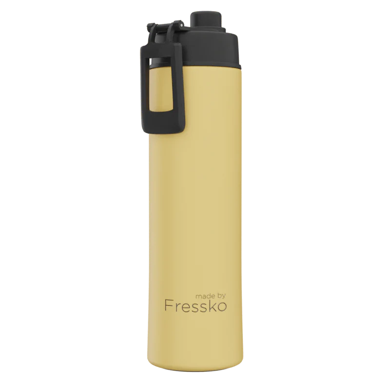 Yellow water bottle with black cap on a white background, branded &