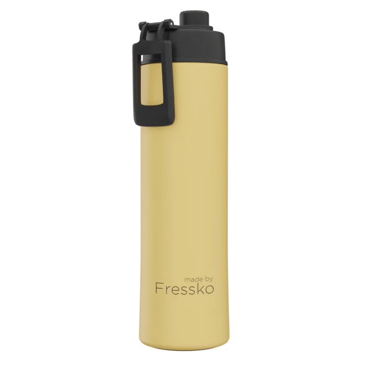 Yellow water bottle with black cap on a white background, branded &