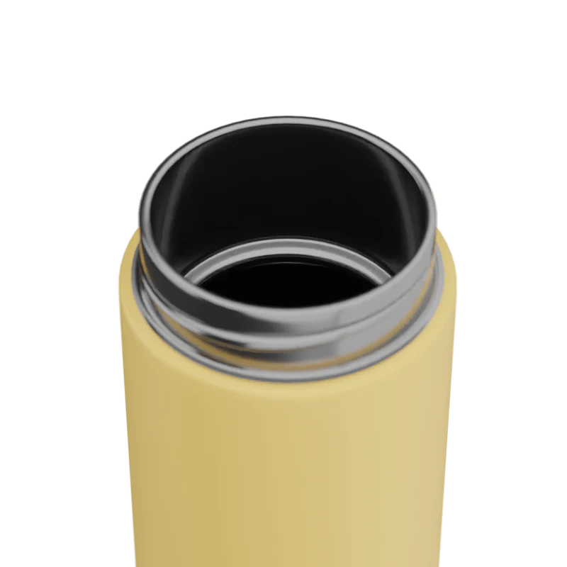 Yellow thermos with black interior on a white background