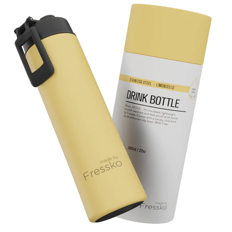 Yellow drink bottle with black cap and white label on a white background