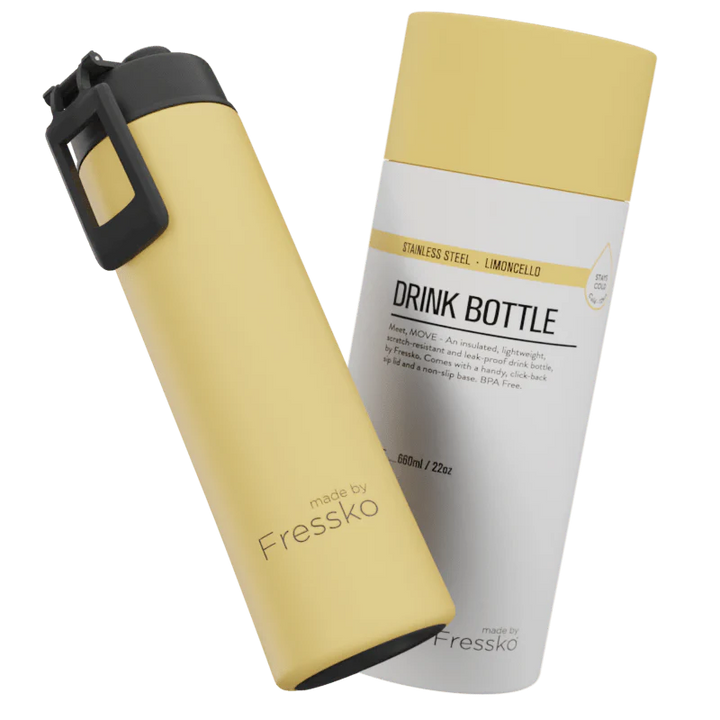 Yellow drink bottle with black cap and white label on a white background