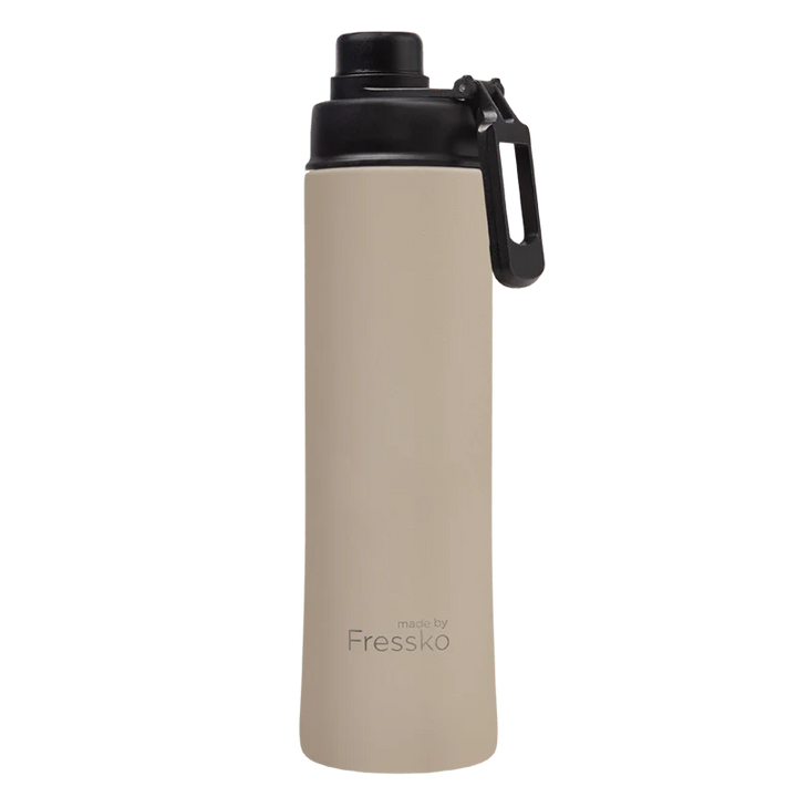 Beige water bottle with black cap on a white background