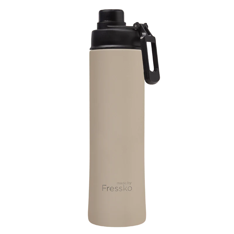 Beige water bottle with black cap on a white background