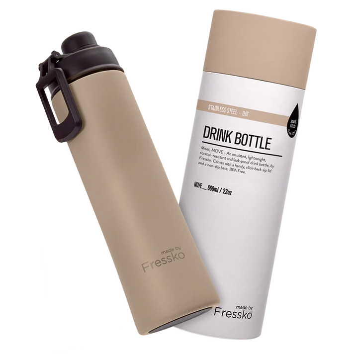 Beige drink bottle with packaging with 'made by Fressko' branding on a white background