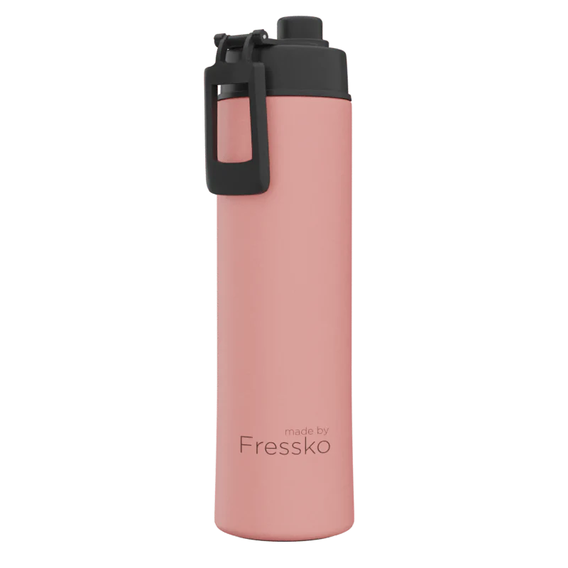 Pink water bottle with black cap on a white background, branded &