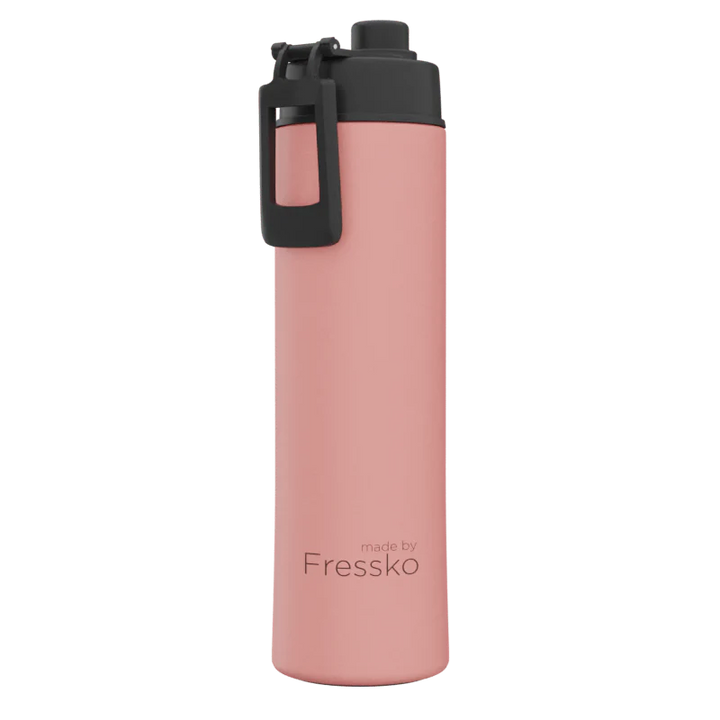 Pink water bottle with black cap on a white background, branded &