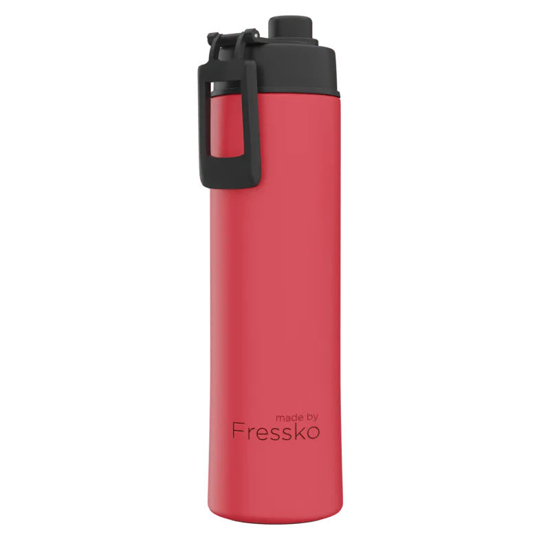 Red water bottle with black cap on a white background, branded &