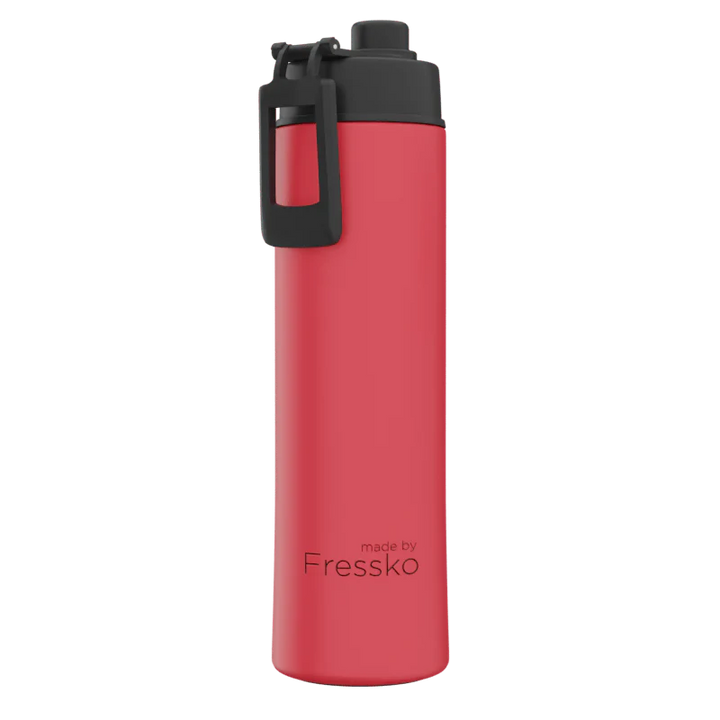 Red water bottle with black cap on a white background, branded &