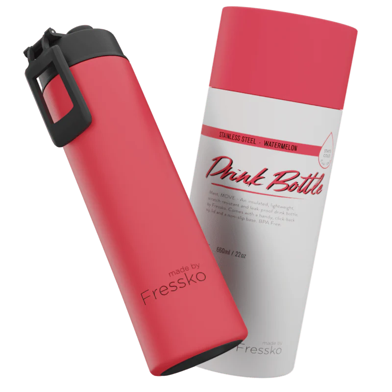 Red and white water bottles with &