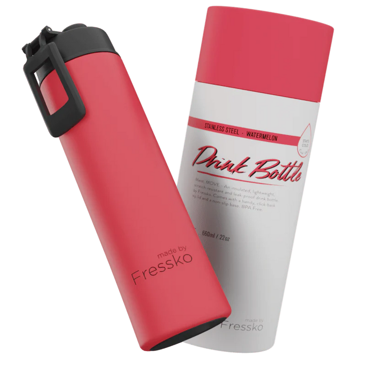 Red and white water bottles with &