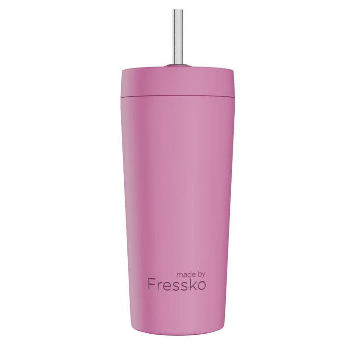 Pink tumbler with a straw on a white background, branded &