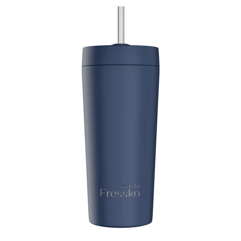 Navy blue tumbler with a straw on a white background, branded &