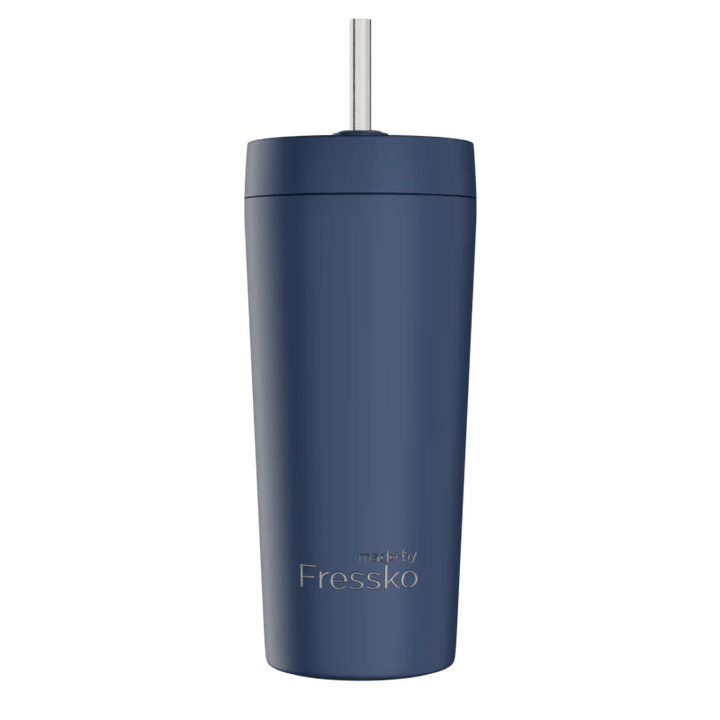 Navy blue tumbler with a straw on a white background, branded &