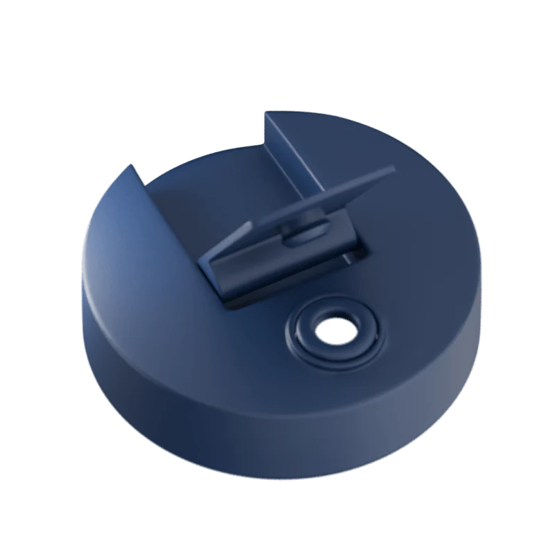 Blue plastic cap with a central hole and wingnut on a white background