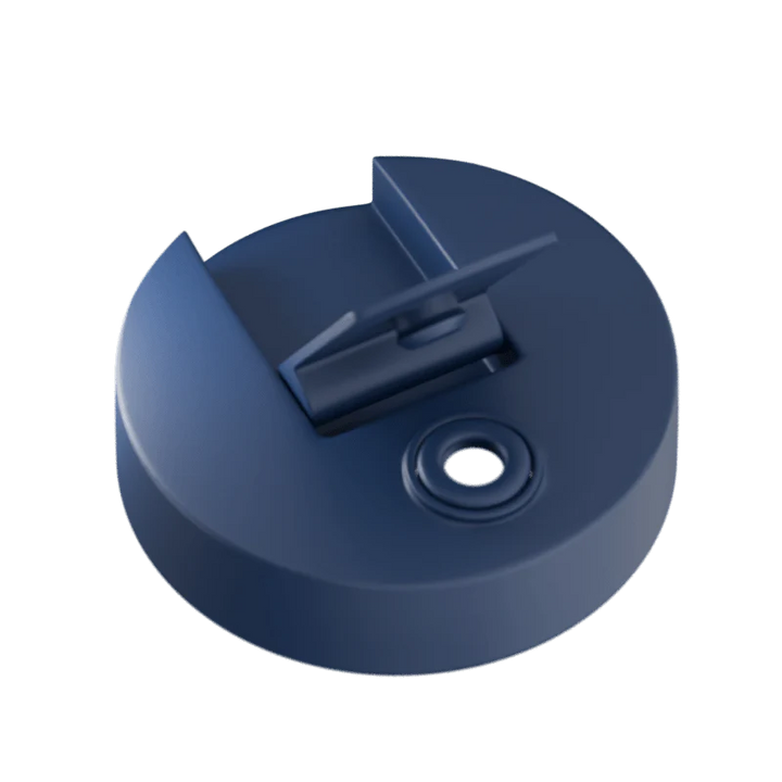 Blue plastic cap with a central hole and wingnut on a white background
