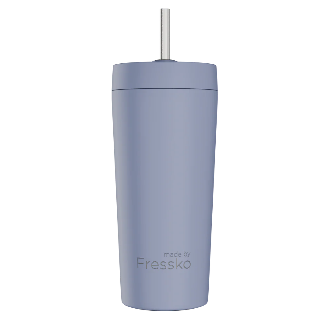 Blue tumbler with a straw on a white background, branded &