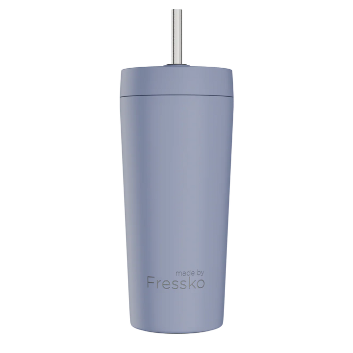Blue tumbler with a straw on a white background, branded &