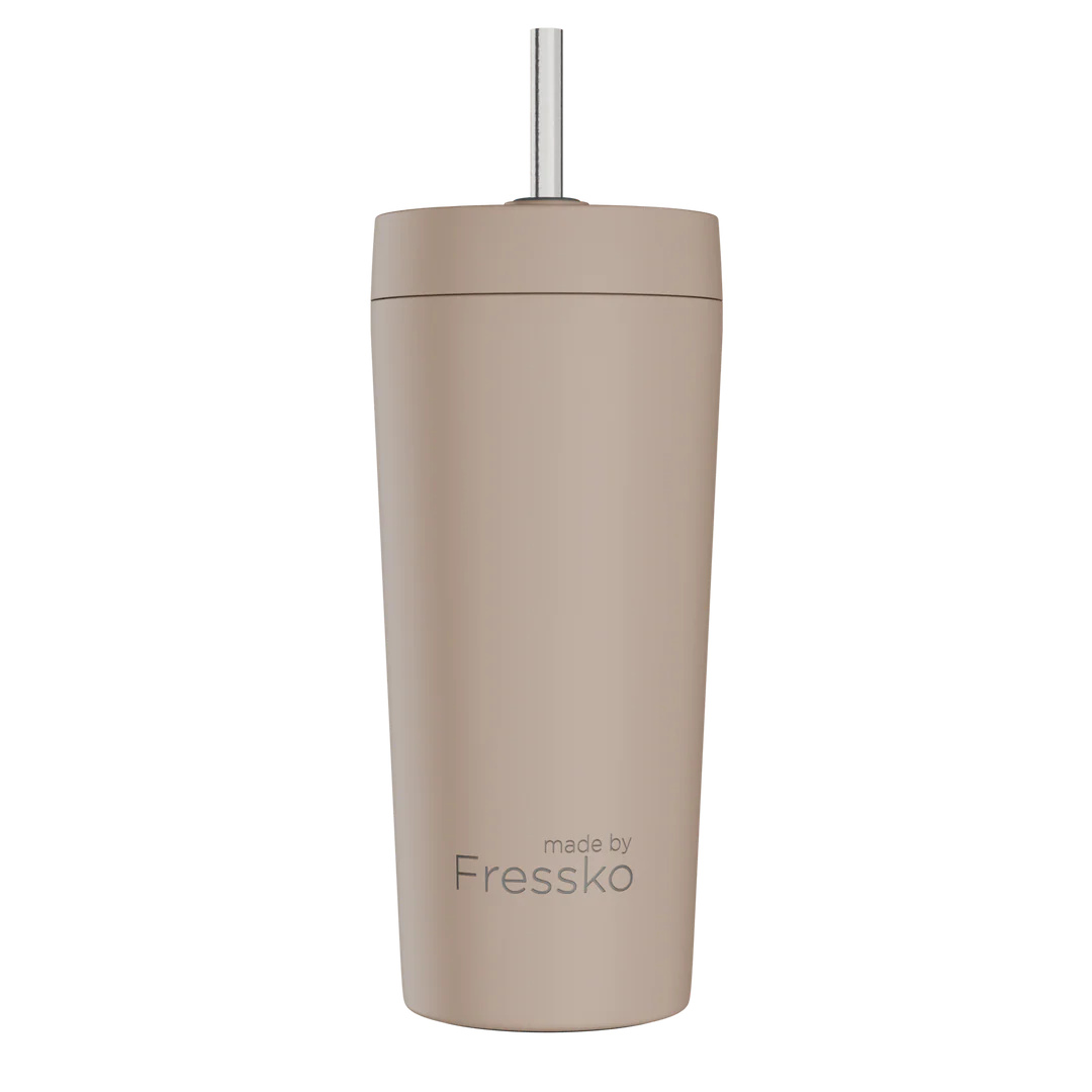 Beige tumbler with a straw on a white background, branded &