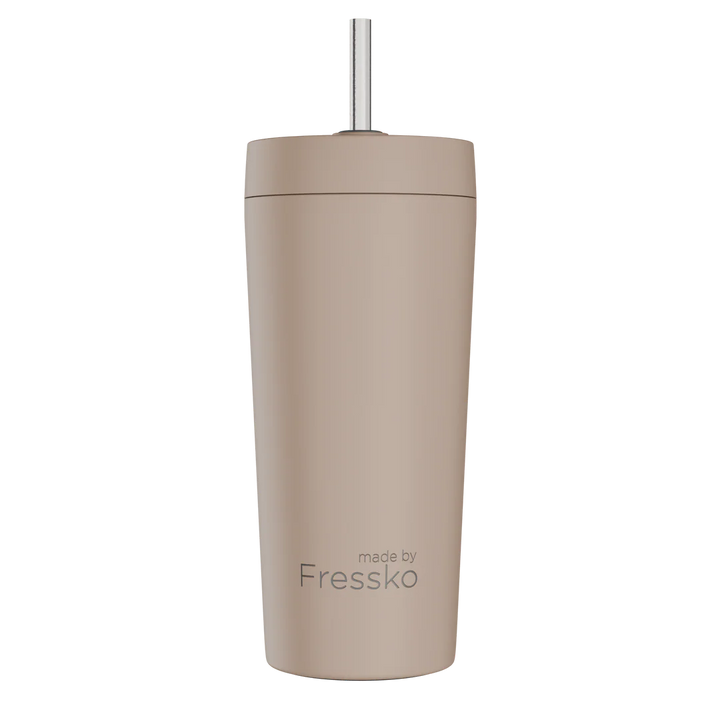 Beige tumbler with a straw on a white background, branded &