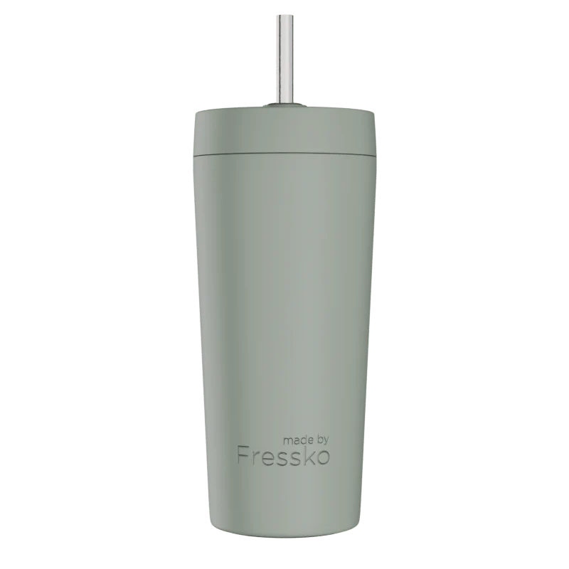 Green tumbler with a straw on a white background, branded &