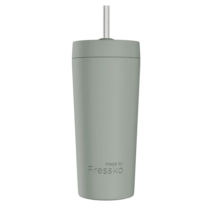 Green tumbler with a straw on a white background, branded &
