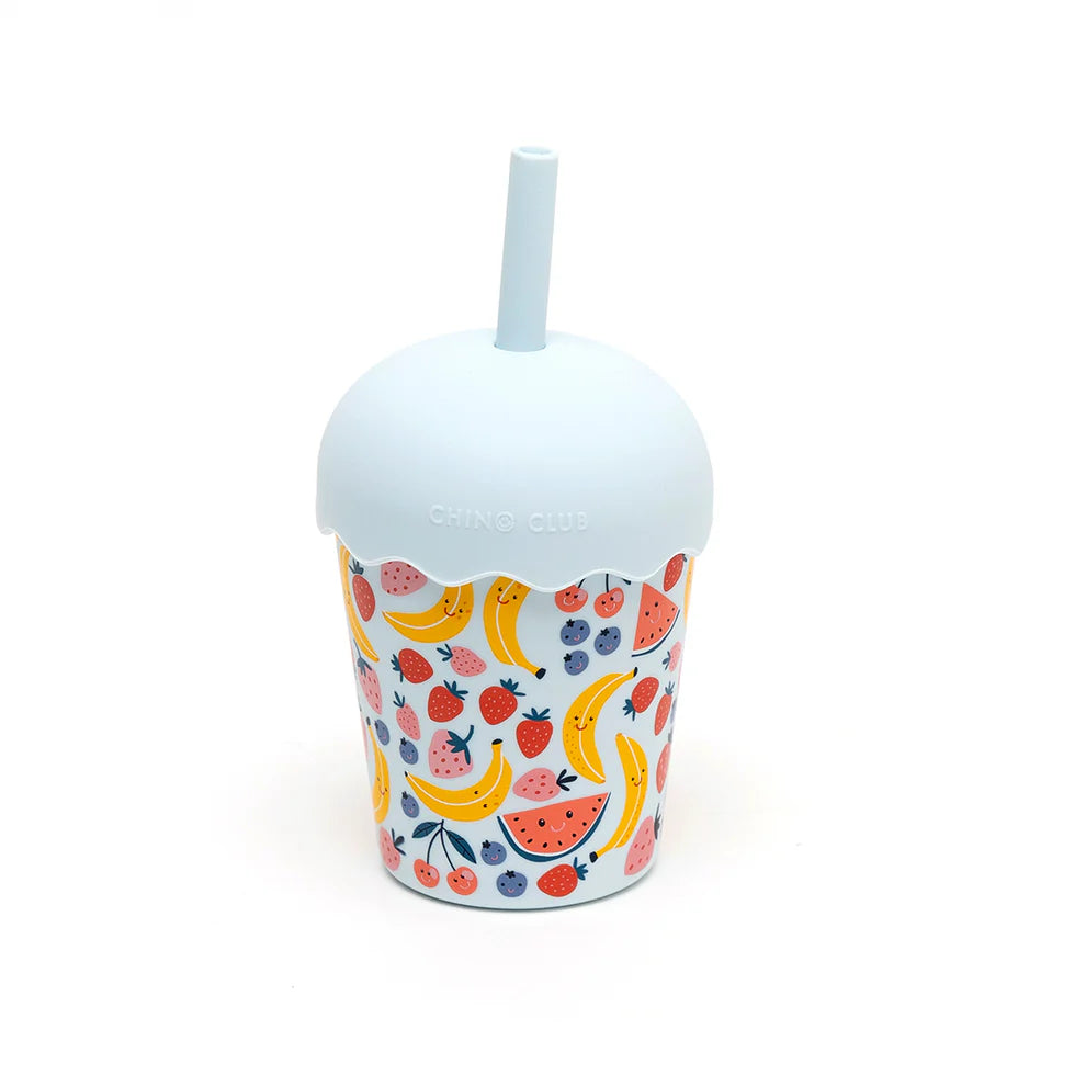 Smoothie cup with fruit pattern on a white background