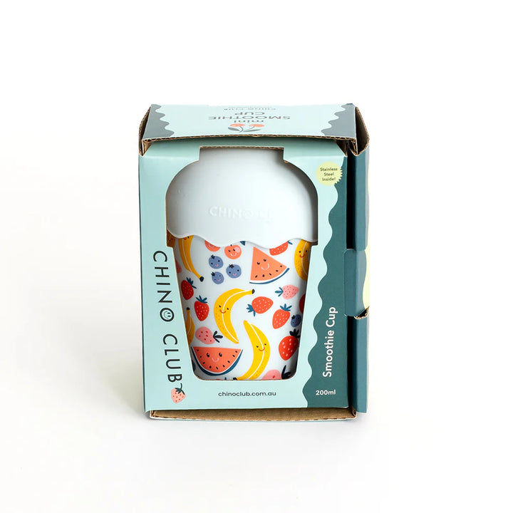 Chino Club smoothie cup with fruit design in packaging on a white background