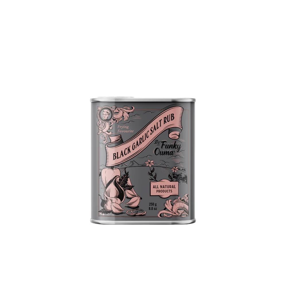 Tin of Black Garlic Salt Rub with decorative label on a white background