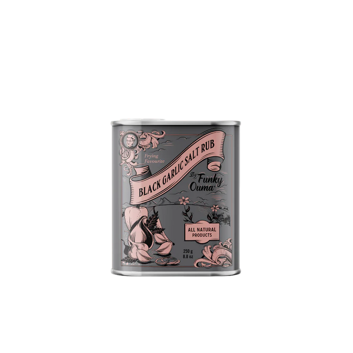 Tin of Black Garlic Salt Rub with decorative label on a white background