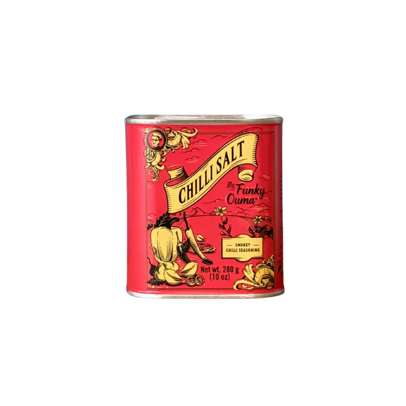 Red tin of Chilli Salt by Funky Ouma on a white background