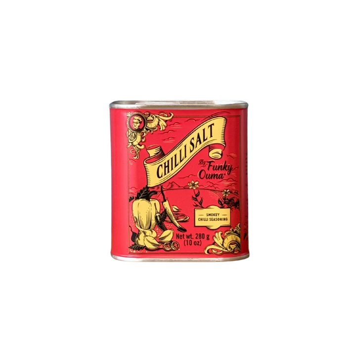 Red tin of Chilli Salt by Funky Ouma on a white background