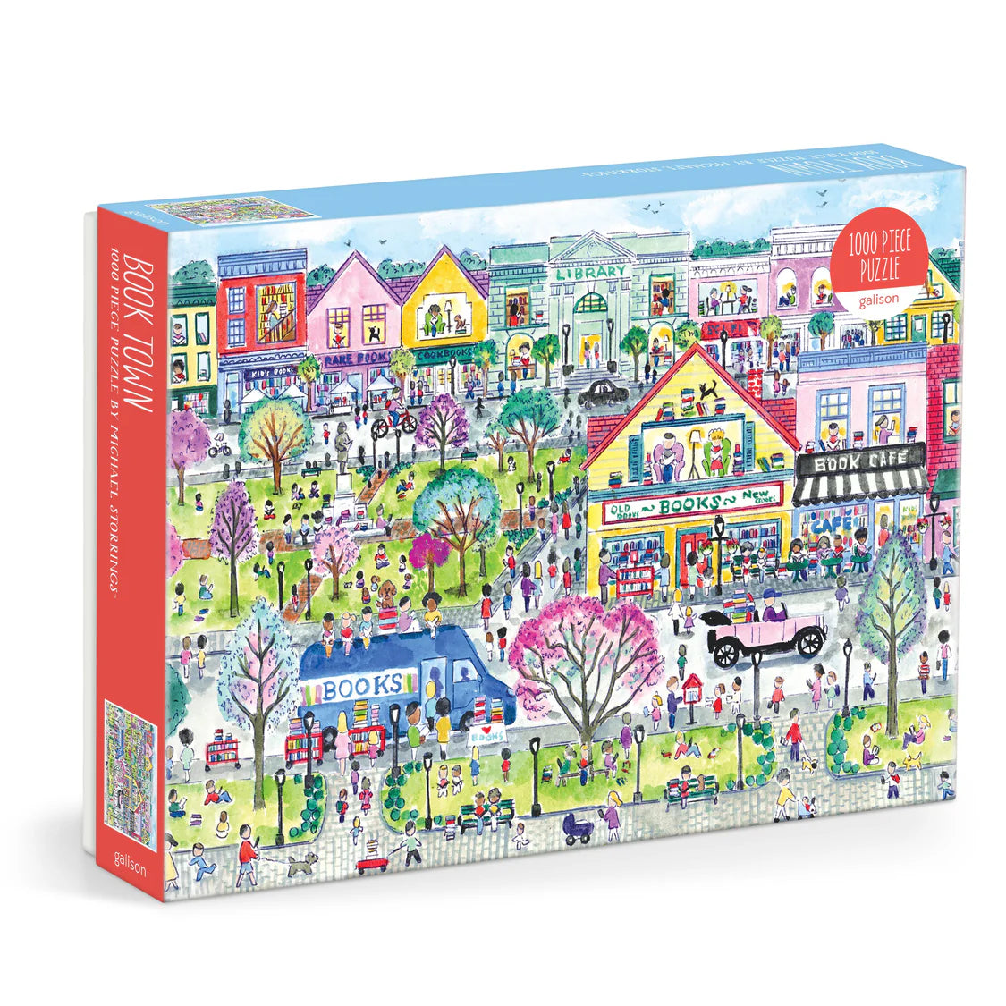 Jigsaw puzzle box with a colorful illustration of a town square scene.