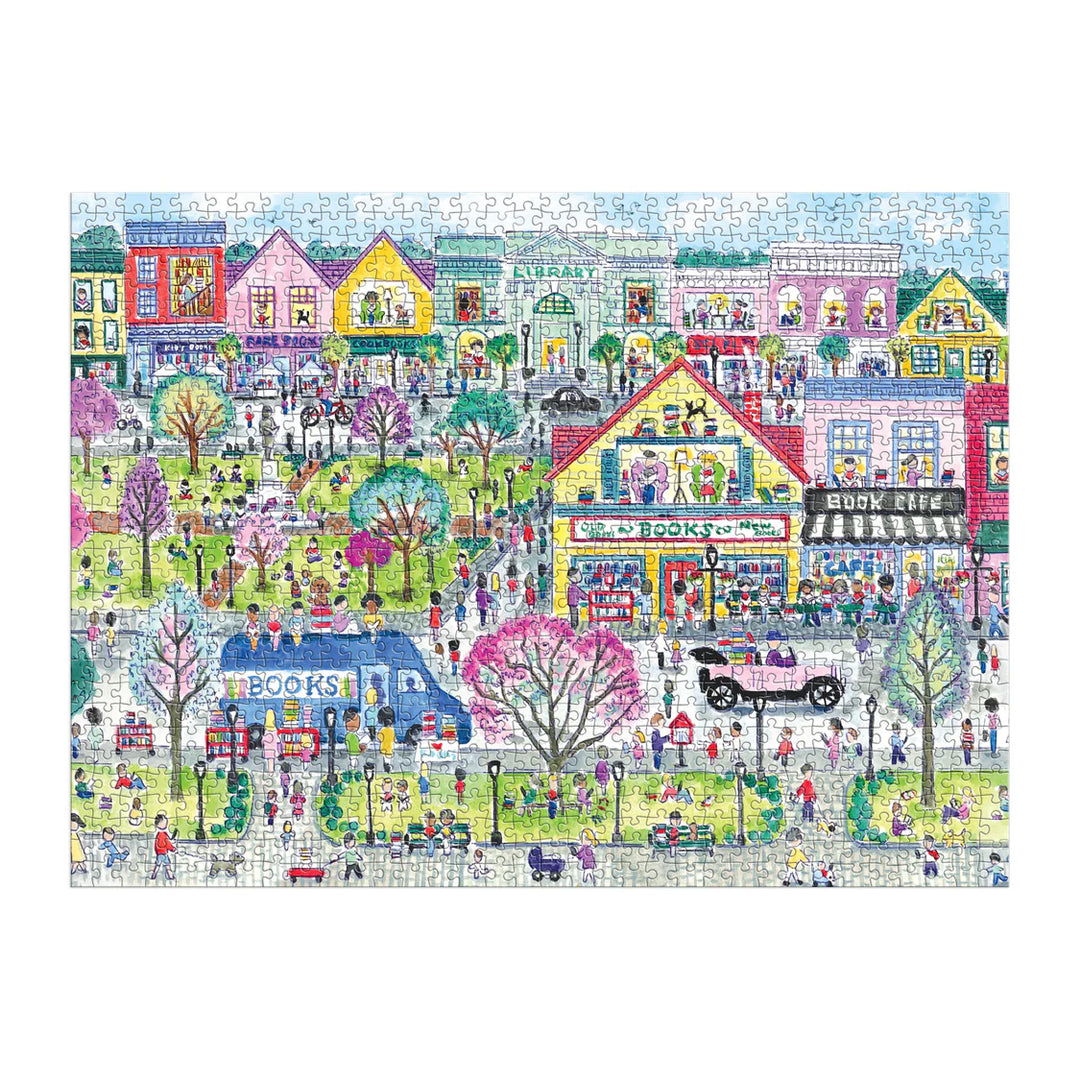 Colorful illustration of a town square with shops, people, and vehicles.