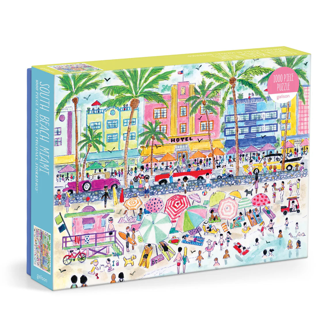 Jigsaw puzzle box with a colorful design of a beach scene featuring palm trees, buildings, and people.