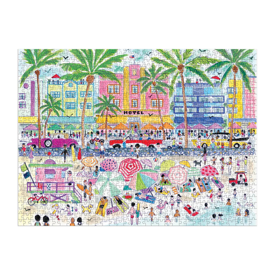 Colorful illustration of a beach scene with palm trees, buildings, and people.