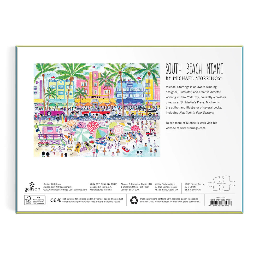 Back of a puzzle packaging with colorful illustration of South Beach Miami and text about the artist Michael Storrings.