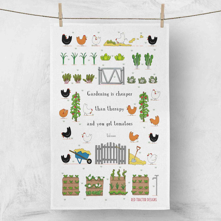 Tea towel with gardening illustrations and text on a white background