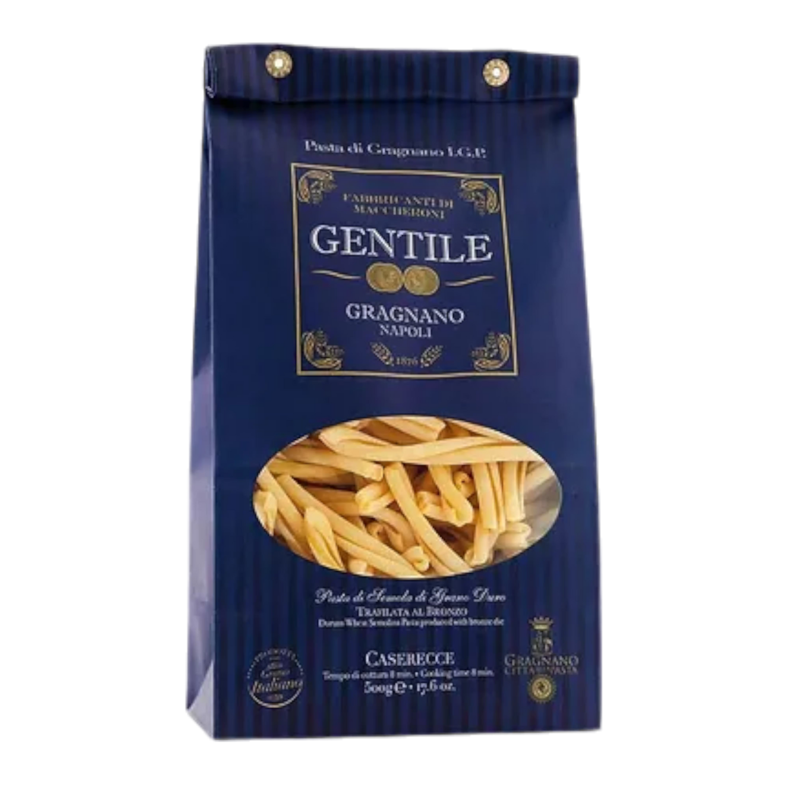 Gentile pasta packaging with blue background and image of pasta