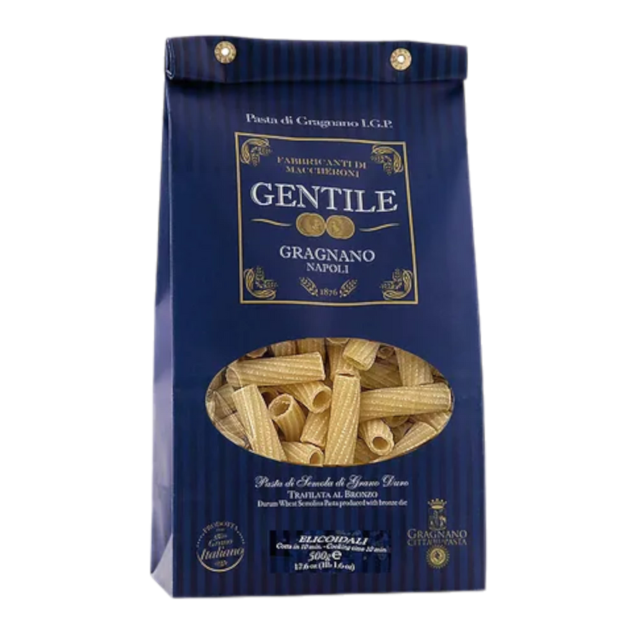 A bag of Gentile dried Elicoidali pasta on a white background